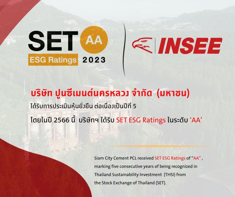 ปูนซีเมนต์นครหลวง คว้า SET ESG Ratings 2023 ระดับ “AA” 